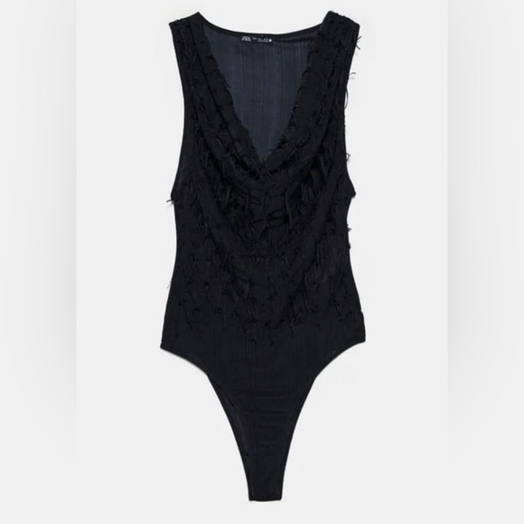 ZARA Black Textured Fringe Bodysuit Sleeveless V-Neck Women’s Small - Picture 5 of 10